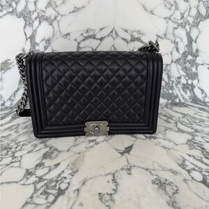 CHANEL Black Lambskin ruthenium medium size boy bag